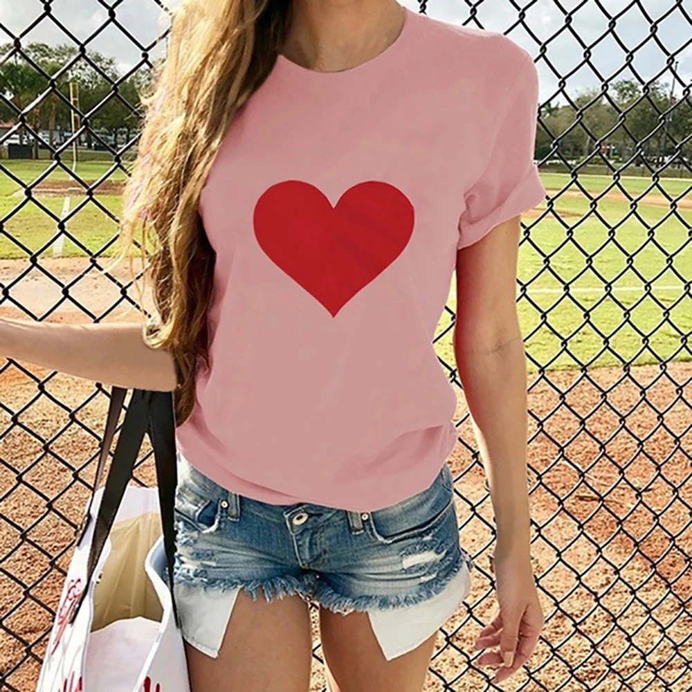 

2019 Women Heart Printed T-shirts Casual Solid Printed Tee Tops Summer Short Sleeve T Shirt Plus size 5XL O-Neck Women Tee Shirt