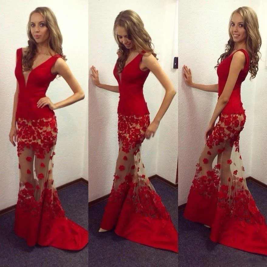 2019 Dark Red Mermaid Prom Dresses Sexy Illusion Skirt Appliques Mermaid V Neck Evening Party Gowns Floor Length139