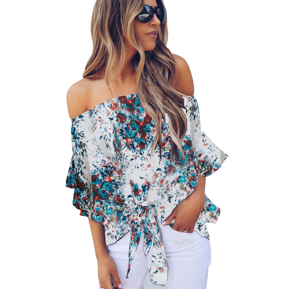 

Fashion New Women Summer Knot Tie Loose Print Off Shoulder Blouse Chiffon Tops Female Women's Flare Sleeve Pullover Femininas