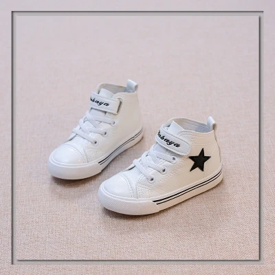 BABAYA Дети детская кожаная обувь весна обувь повседневные кроссовки со звездами Высокие Топы крюк петля мальчики модные туфли для девочек 24-38 - Цвет: Белый
