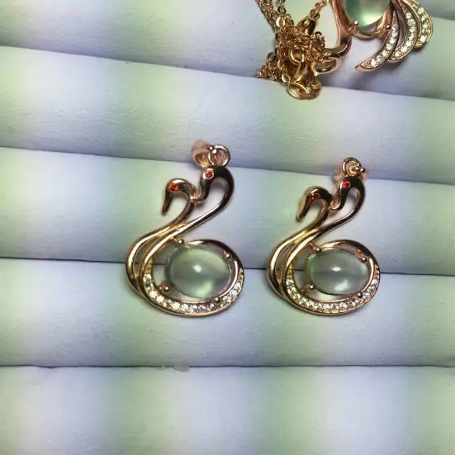 

natural prehnite pendant S925 silver Natural yellow crystal Pendant Necklace trendy Elegant Couple swans girlfriend jewelry