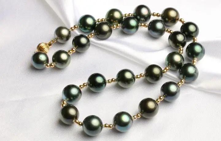 

stunning round 11-12mm freshwater black green pearl necklace 18inch 14k/20
