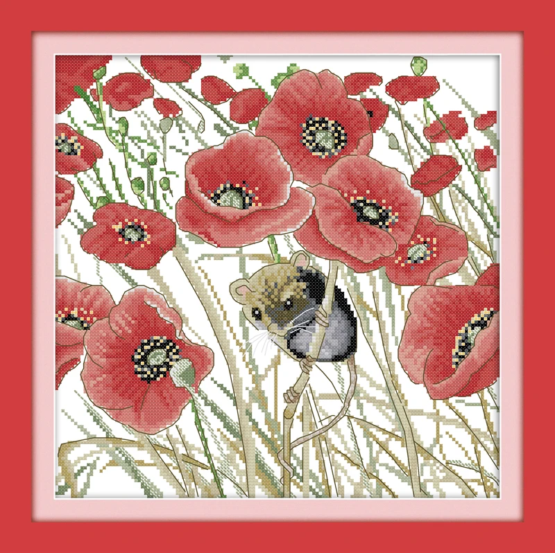 

Poppy and mouse Cross Stitch Kits 11CT Printed 14CT Set DIY Chinese Cotton Cross-stitch Counted Embroidery Needlework
