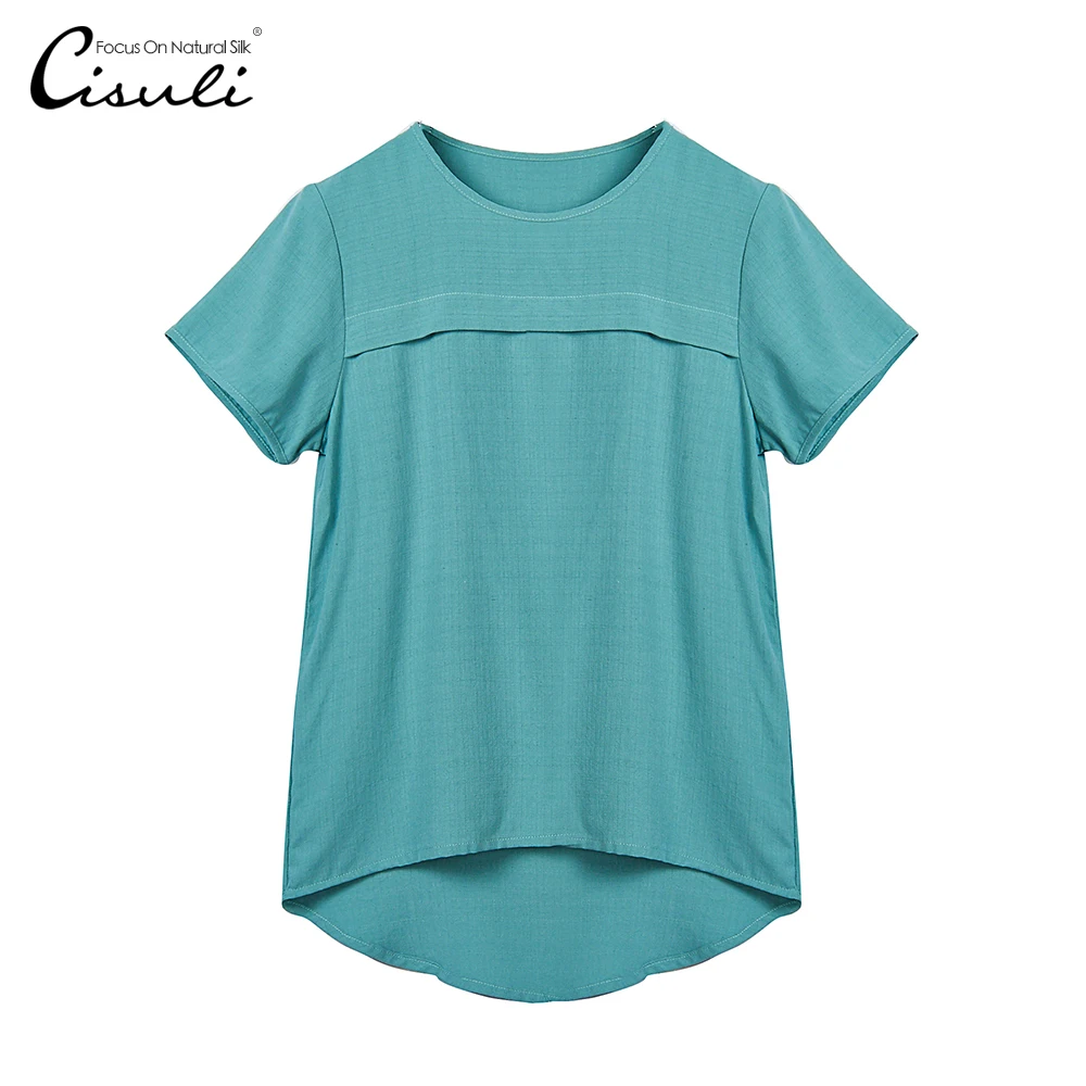 

CISULI 100% Mulberry Silk Short Sleeve Shirt 2019 New Fashion Summer Lady Jacquard Tops Women Shirt Women Cloth No.01 Lake Blue