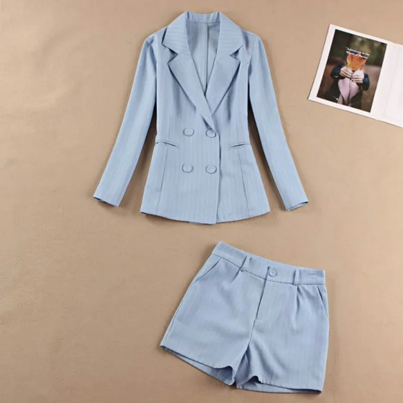 

Blue suit female spring and summer fashion cotton and linen striped casual blazer shorts OL professional overalls two-piece suit