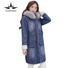 Leiouna зимнее женское пальто куртка теплая джинсовая с карманами верхняя одежда искусственный мех длинный хлопок большой размер 4XL утолщение