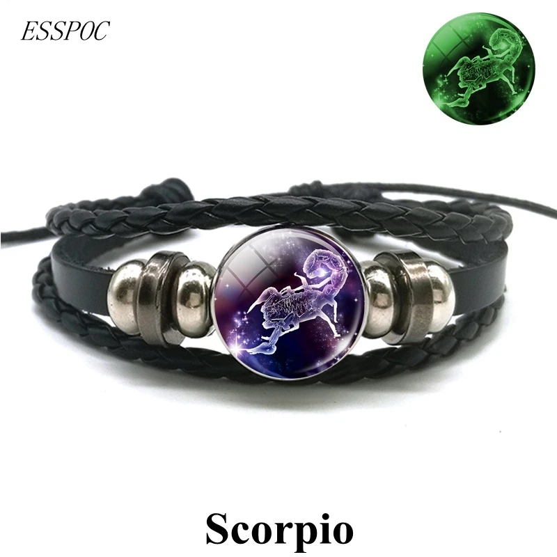 Светящийся кожаный браслет с 12 созвездиями Gemini Leo Libra Scorpio Sagittarius мужской знаками