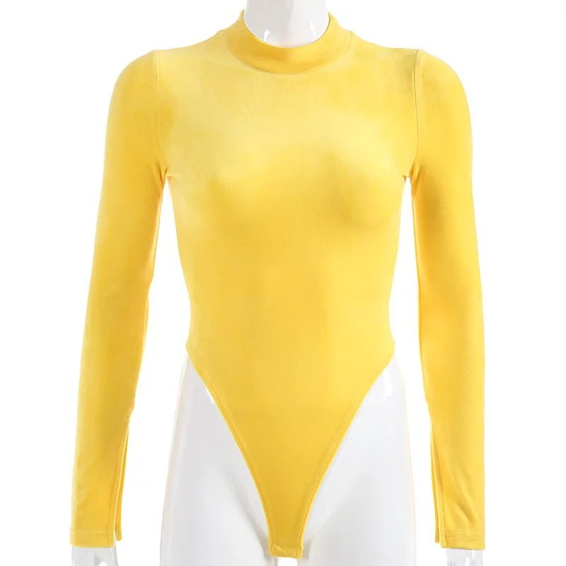 2019 New Yellow Color Long Sleeve Bodysuit Women High Neck Split Velvet