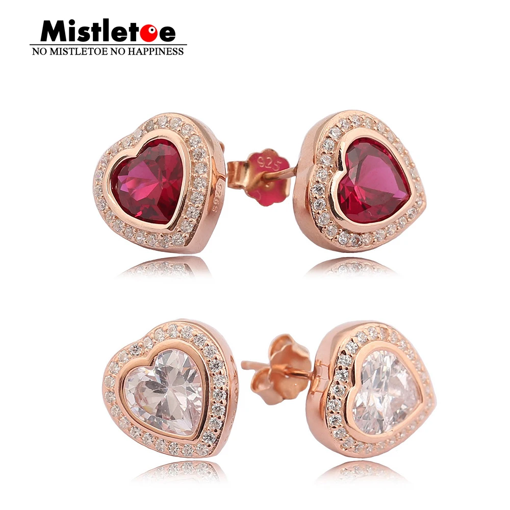 

Authentic 925 Sterling Silver Sparkling Love Stud Earrings, Mistletoe Rose & Red & Clear CZ Compatible with European Jewelry