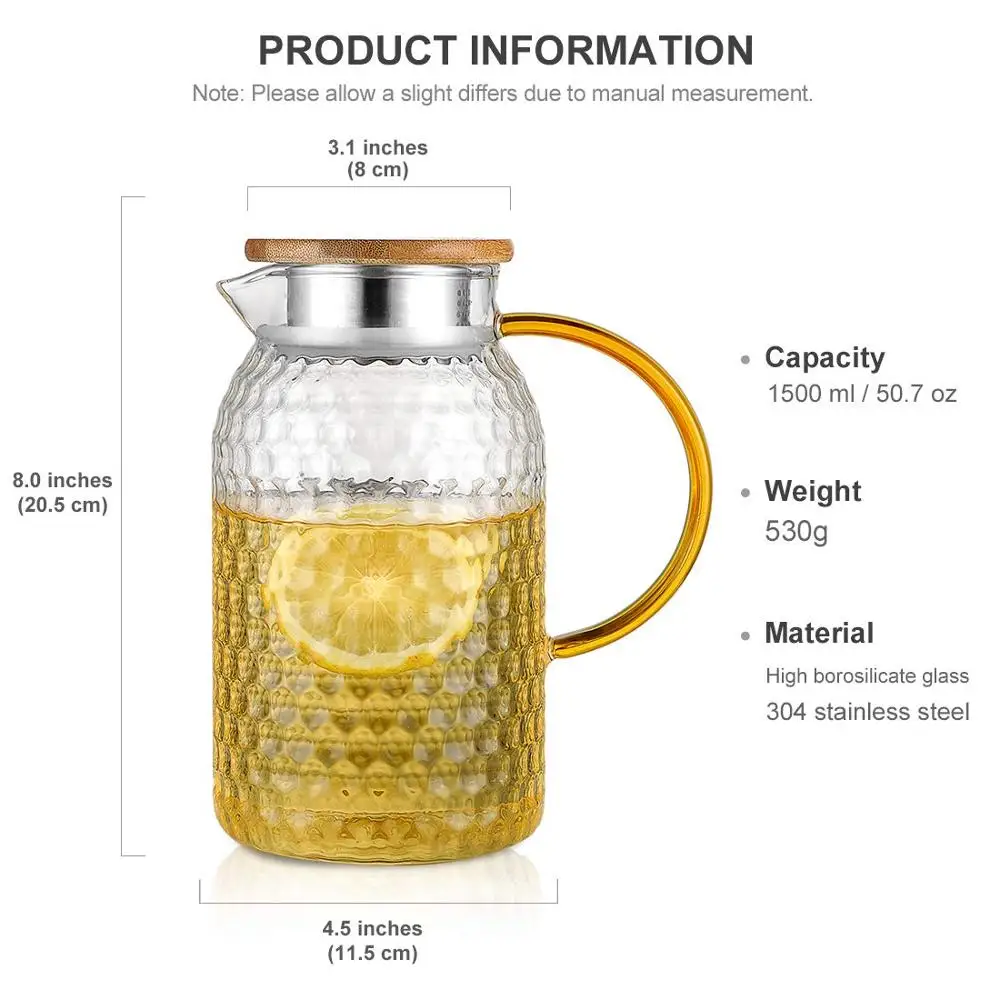 1500 мл/51 унций стеклянный кувшин с бамбуковой крышкой, безопасный кувшин, насадка для холодного чая, графин для горячего холодного вина, кофе, молока, чая