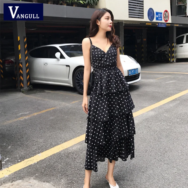 

Vangull Vintage Dot Tiered Dress Print Women Spaghetti Strap Chiffon Long Dress 2019 Summer Party Vestido Ladies Elegant Dresses