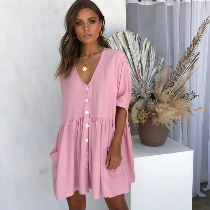 

2019 Summer Dress Women Sexy V-neck Buttons Elegant Party Dress Casual Short Sleeve Pockets Loose Mini Dresses Vestidos