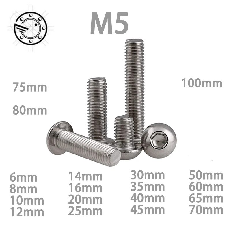 M5 Bolt A2-70 Button Head Socket Screw Bolt SUS304 Stainless Steel M5*(8/10/12/14/16/18/20/25/30/25/30/35/40/45/50~100) mm