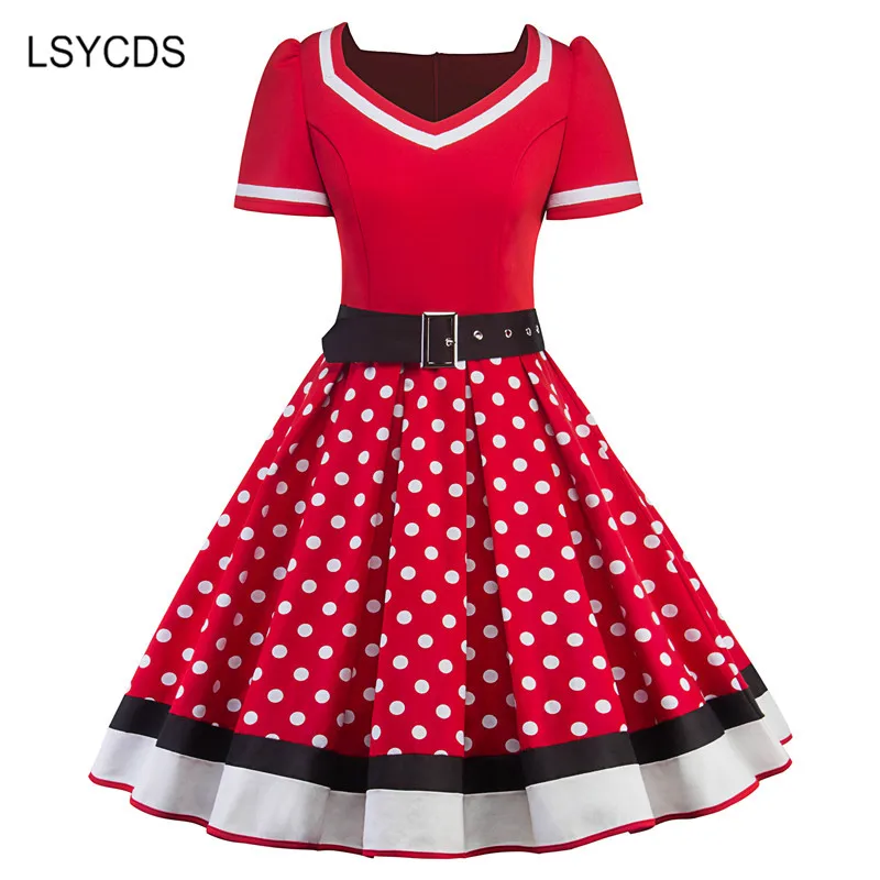 

2018 Vintage Women Dress V Neck Short Sleeve Polka Dot Dresses Big Swing Retro Casual Party Hepburn Style 50s Women Clothes