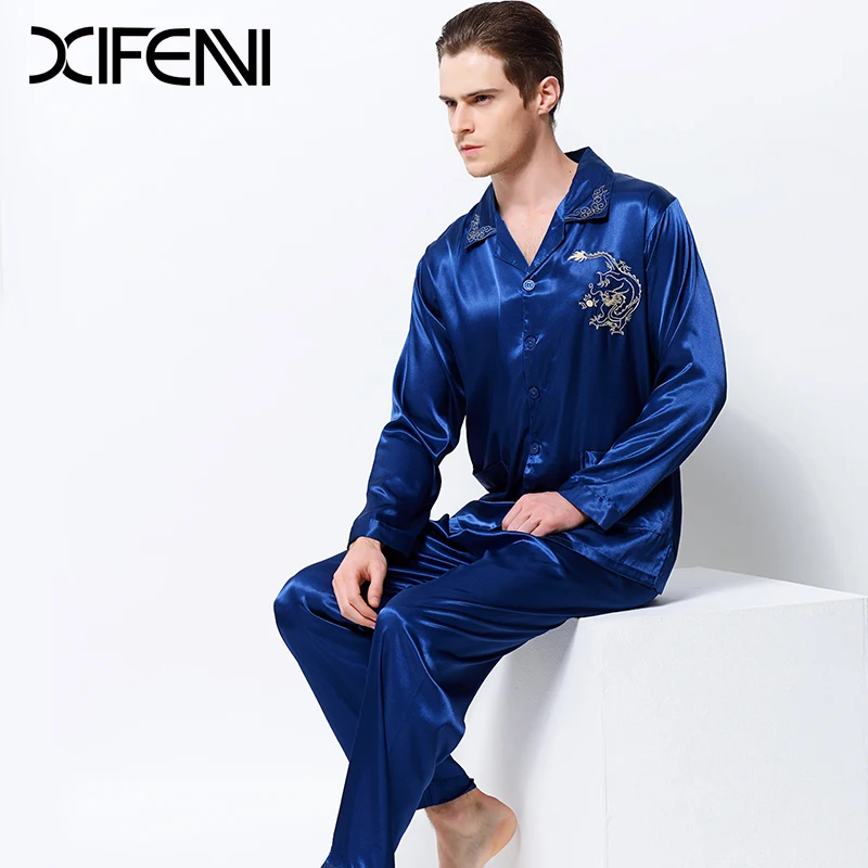 XIFENNI 2020 Men Satin Silk Pajamas Dragon Embroidery Pyjama Sets Long-Sleeved Luxurious Emulation Silk Sleepwear Pijama 3313 XIFENNI 2020 Men Satin Silk Pajamas Dragon Embroidery Pyjama Sets Long-Sleeved Luxurious Emulation Silk Sleepwear Pijama 3313