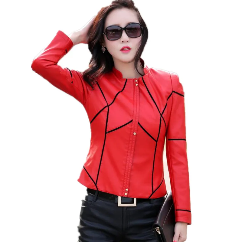 

2019 spring and autumn women's clothing leather jacket female leather coat short slim fashion stand collar leather coat red