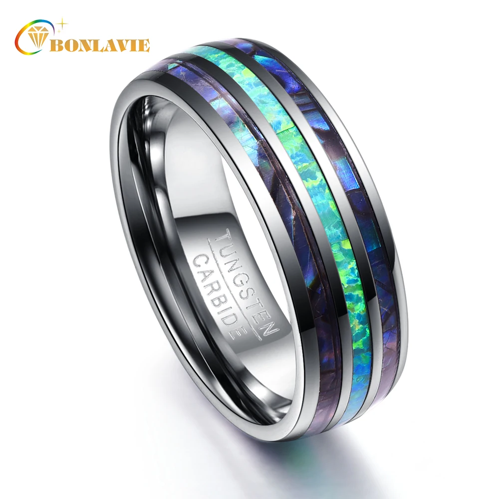 

8MM Width Elegant Smooth Inlay Abalone Shell +Opal+Abalone Shell Tungsten Steel Rings for Men Top Grade Mens Ring