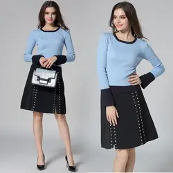 Комплект из 2 частей Для женщин синий вязаный свитер Топы и сексуальный Разделение юбка 2018 осень-зима Повседневное Модные женские офисные