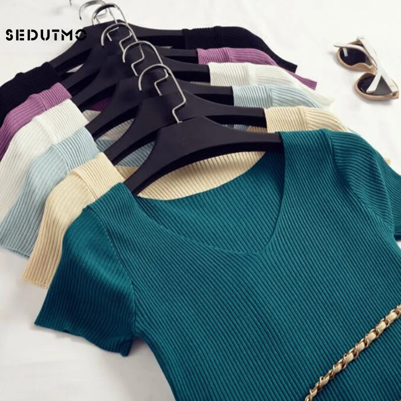 

SEDUTMO Spring Sexy Sweater Women Pullovers Knitting Top Short Sleeve Black V neck Jumper Summer Slim Women Sweater ED320