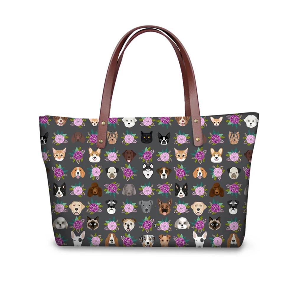 

Customized Top-handle Bags Dogs and Cats Heads Sunflower Florals Pet Printing Women's Handbags Ladies Party Bags Bolsa Feminina