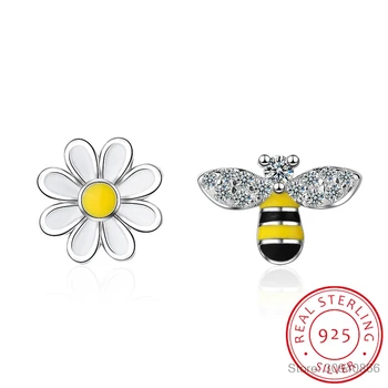 

Real 925 Sterling Silver Lovely Asymmetry Bee & Sun Flower Zirconia Stud Earring boucle d'oreille for Women Fine Jewelry