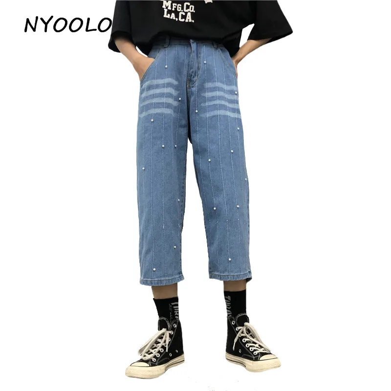 

NYOOLO Harajuku style Vintage Striped patchwork denim pants Casual high waist calf length straight jeans women cloth streetwear