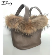 High-End Damen Echten Fuchspelz Eimer Tasche Frauen Tragetaschen Aus Echtem Leder Design Schulter Tasche Litschi Textur Schloss Rindlederhandtasche