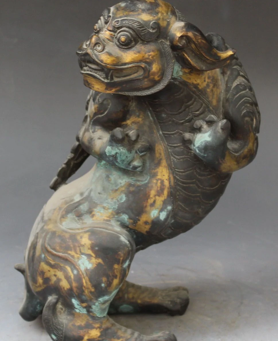 

12" Old Chinese Purple Bronze 24K Gold Dragon Beast Pixiu Unicorn Long Statue