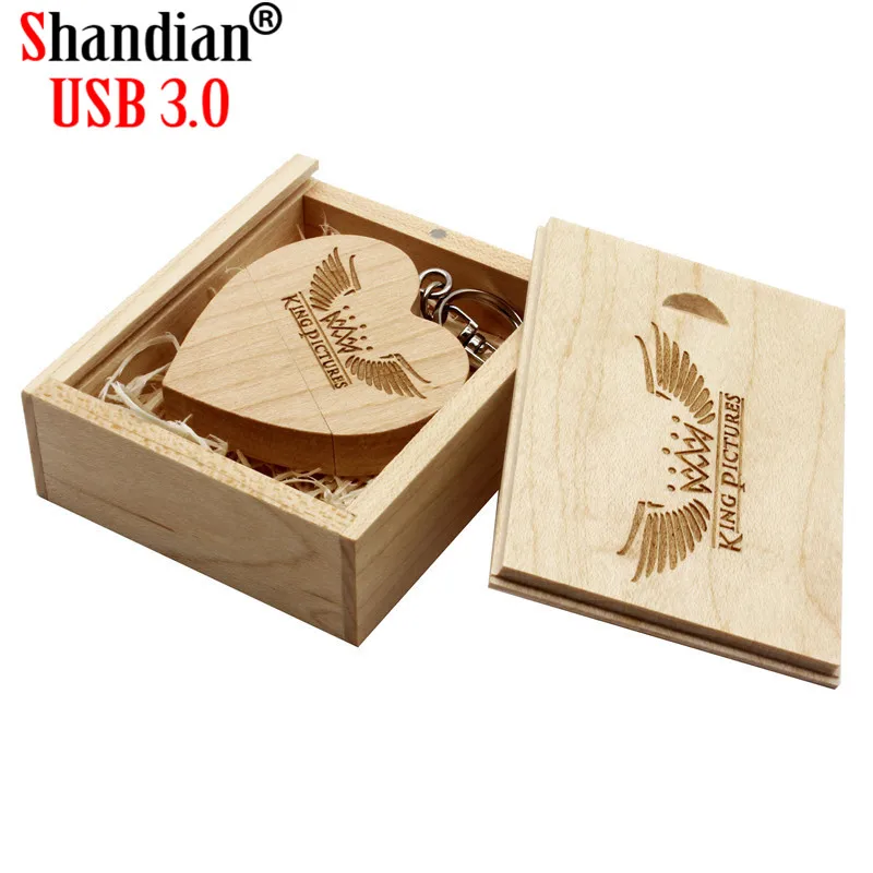 SHANDIAN USB 3,0 изготовленным на заказ логосом Деревянный сердце+ коробка карта памяти, Флеш накопитель 4 gb/8 gb/16 gb/32 gb/логотип по индивидуальному заказу свадебный подарок с высокой скоростью