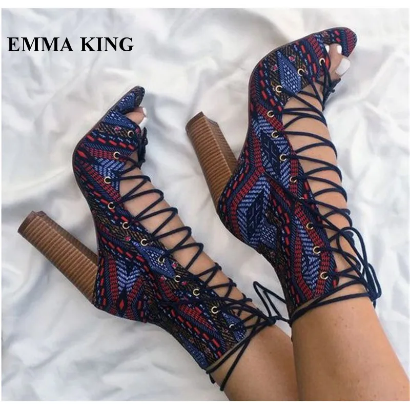 

EMMA KING Hot Selling Sapatos De Mujer Totem Summer Sandals Boots Women Cross-tied Ankle Boot Chunky Heels Gladiator Shoes Women