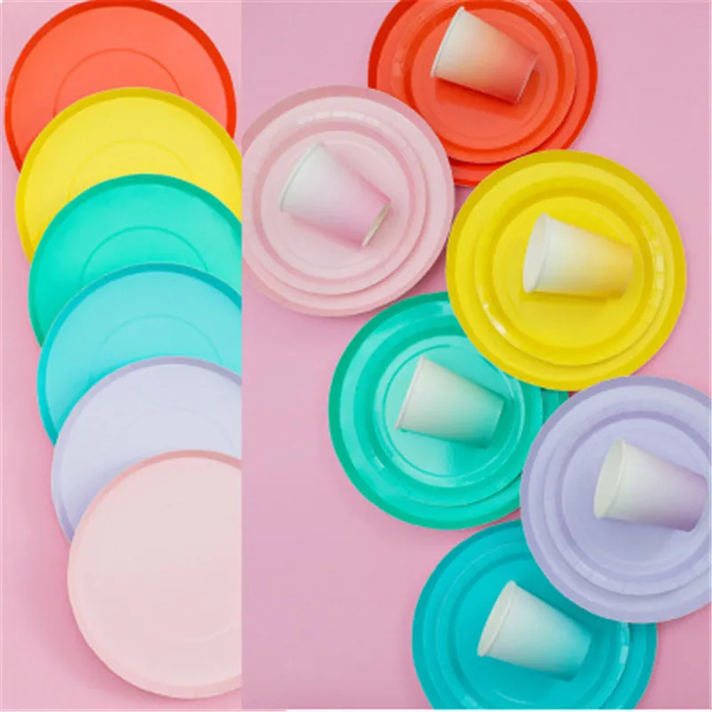 

Set Candy Color Disposable Tableware Party Paper Plates Cups Baby Shower Happy Birthday Party Supplies Paper Cups Tableware