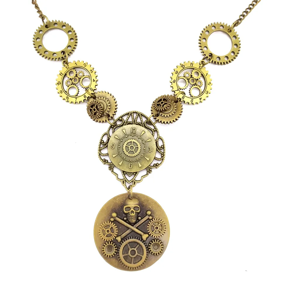 

Vintage Bronze Multi Gears and Pirate Skull Pendant Women`s Steampunk Necklace