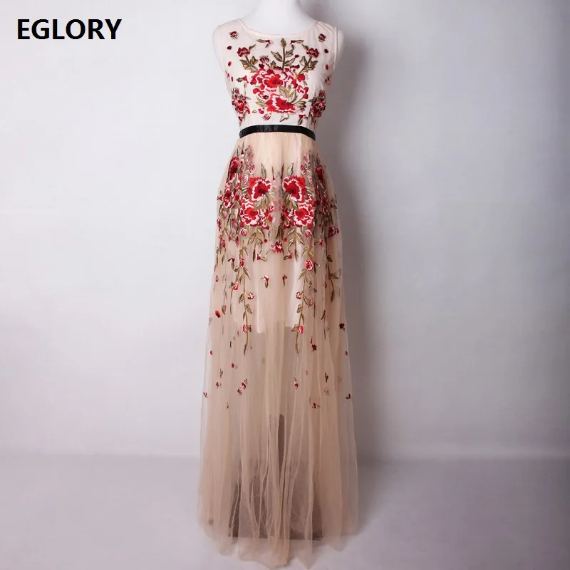 

2018 Spring Hot Selling Wedding Party Women's Long Dress Hollow Out Mesh Embroidery Sleeveless Maxi Dress Vestidos De Fiesta