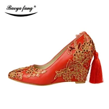 BaoYaFang New arrival Tassel womens wedding shoes 8cm Wedge shoes woman High heels pumps Female party dress shoes