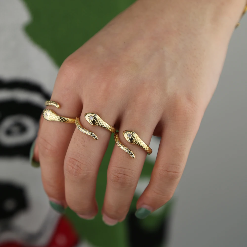 

Open wrap snake shape micro pave cz sparking bling stabrust star engraved charm adjust band cz fashion trendy finger rings