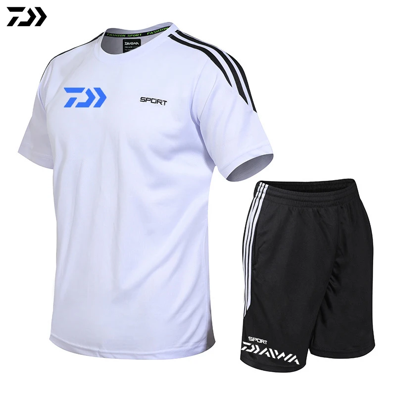 Daiwa Одежда Набор для рыбалки Лето Спорт на открытом воздухе быстросохнущая полосатая рыболовная Рубашка Шорты Мужские дышащие Рыболовные костюмы - Цвет: Белый
