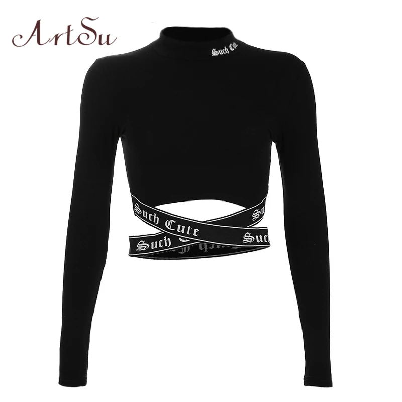 Baratos ArtSu Streetwear gótico carta Sexy Crop superior de manga larga para mujer Camiseta de cuello de pie Cruz camisetas de mujer camisetas negras ASTS20500