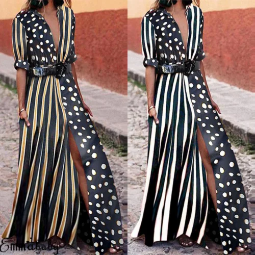 

2018 New Fashion Plus Size S-3XL Stripe Dot Patch Shirt Dress Women Striped Long Maxi Dress Split Party Holiday Beach Sundress