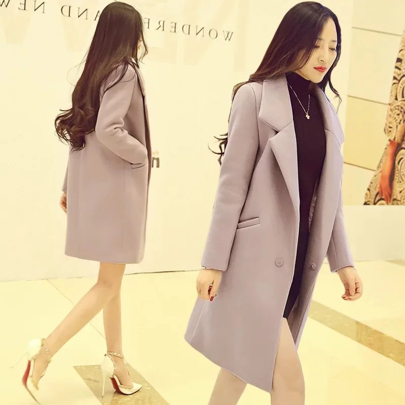 

Casual Loose Solid Long Woolen Winter Coats Single Button Wool Coat and Jacket Turn-down Collar Pockets Ladies Coats