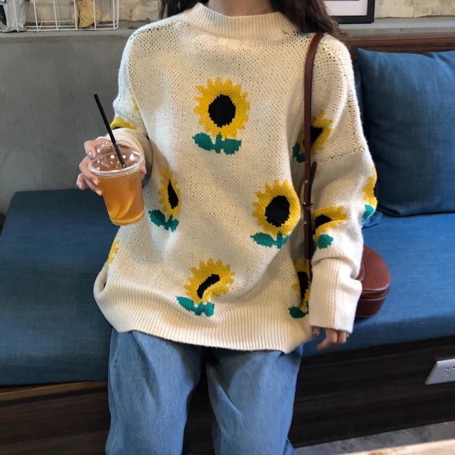 Loose Sunflower Knitted Sweater Women Semi high Collar Sweet Pullovers Long Sleeved Autumn