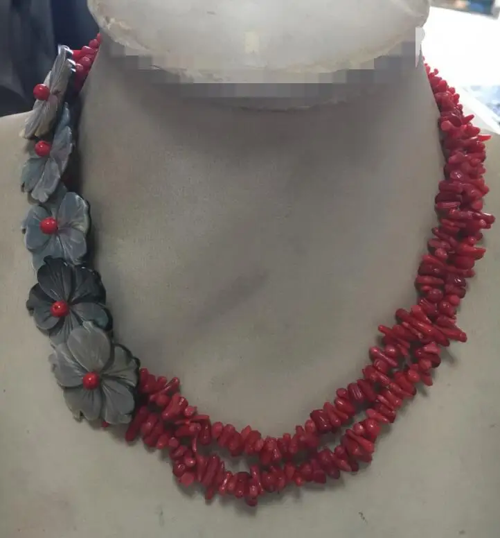 

2strs 18'' silver natural red coral shell flower necklace