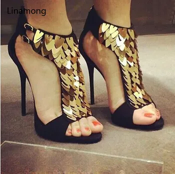 

2017 hot selling gold sequined suede leather high heel gladiator sandals high quality shinning dress shoes