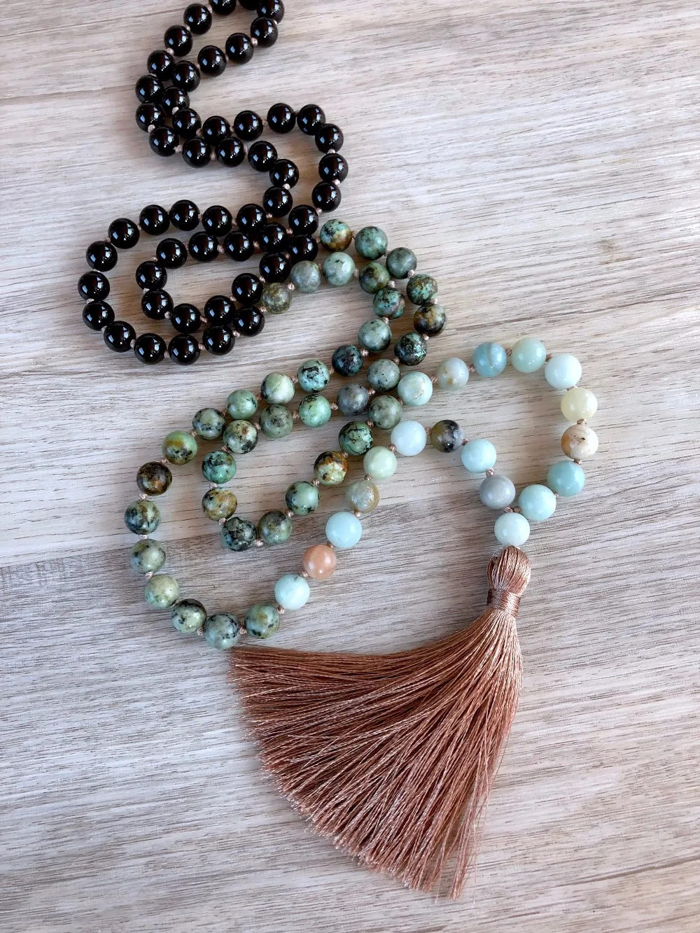 

108 Mala Bead Necklace Amazonite African Turquoises & Onyx Necklace Knotted Prayer Yoga Tassel Necklaces Meditation Necklaces