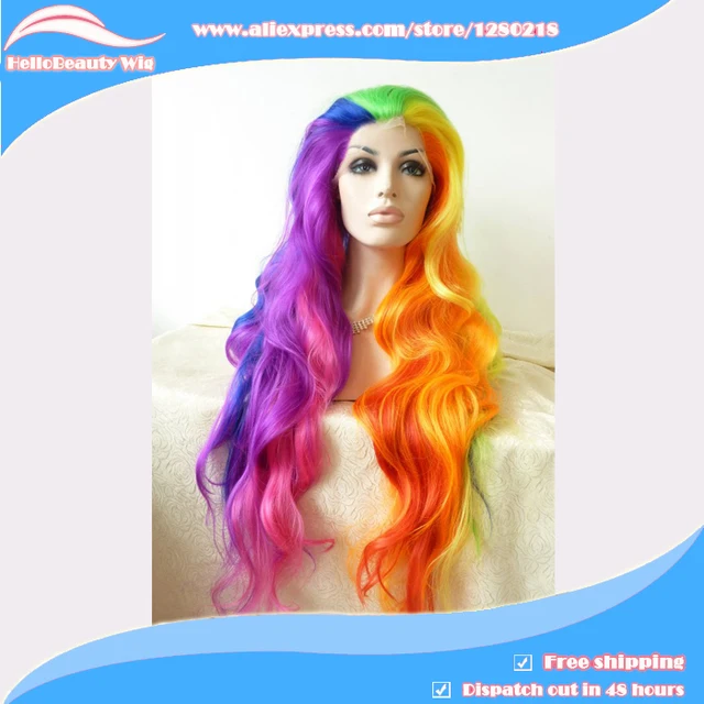 Long Wavy Synthetic lace front hair wig Rainbow hair color Heat ...