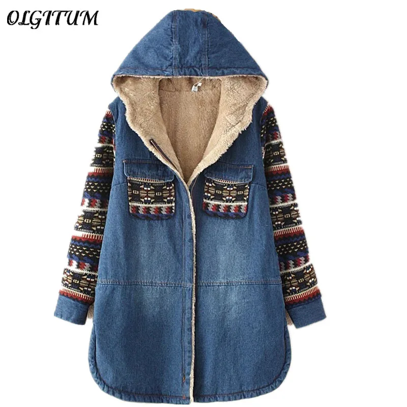 

Hot2018 New Fashion Autumn Winter Women Coat Hooded Thicken Loose Denim Jackets Folk-Custom Zipper Pocket Stripe Patchwork Coat