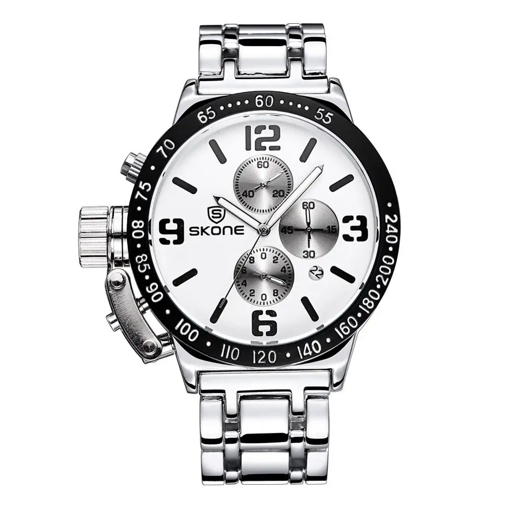 SKONE секундомер 6 рук 24 часа функция хронограф спортивные часы мужские военные повседневные часы стальной ремешок relogio masculino - Цвет: Silver White