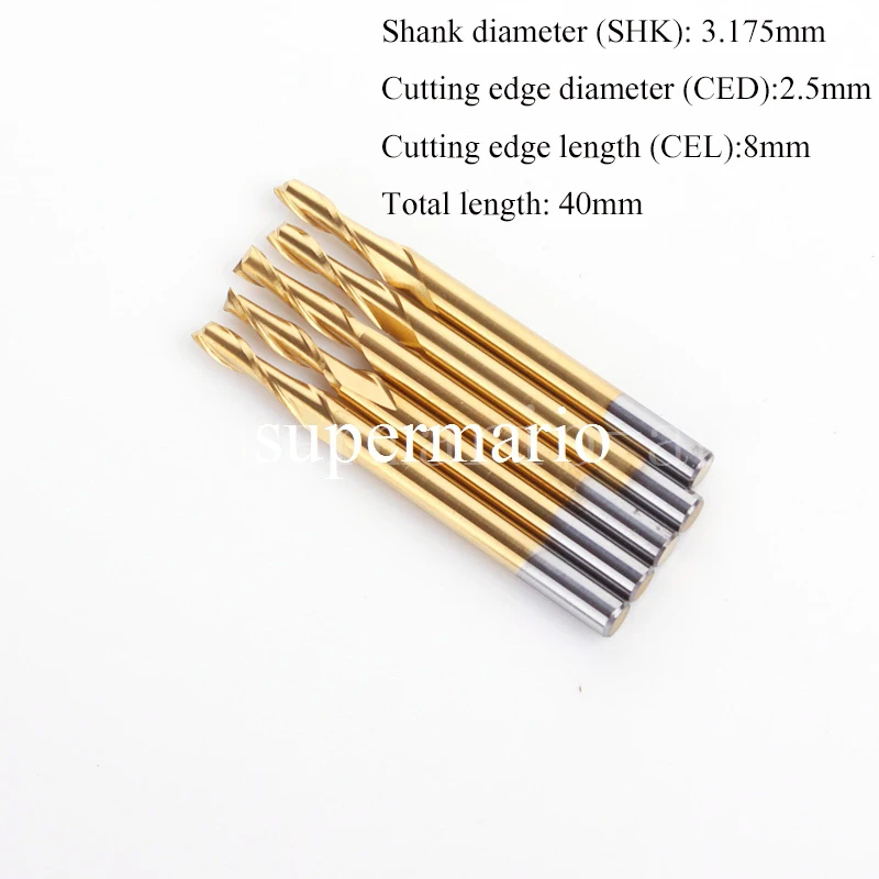 SHINA 5pc 3.175mm Titanium Coating 2 Flute Spiral Router Bit wood CNC tool End Mill Tungsten Carbide PCB Milling Cutter 2.5x8mm |
