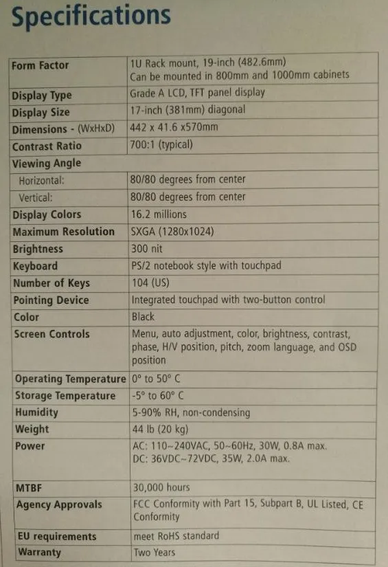 TMZ1720, Раритан KVM, 1U крепление устройства переключения, 17 "TFT ЖК-дисплей, клавиатура, тачпад, 4 в 1, Поддержка вход питания постоянного тока