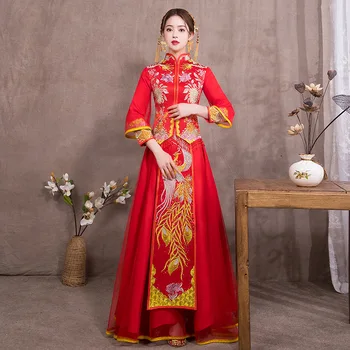

New Chinese Vintage Wedding Dress Set RED Full Sleeve Ancient Floral Design Cheongsam Phoenix Embroidery Lady Evening Gowns