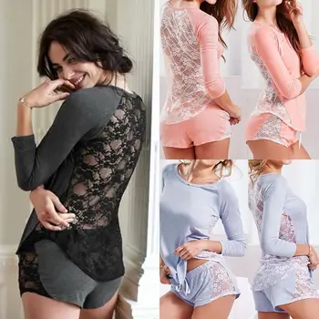 

Tops Sleeve Shorts Pajamas Set Loungewear Pajamas Clothing Set Outfits Women Ladies Cotton Lace Sleepwear Nightwear